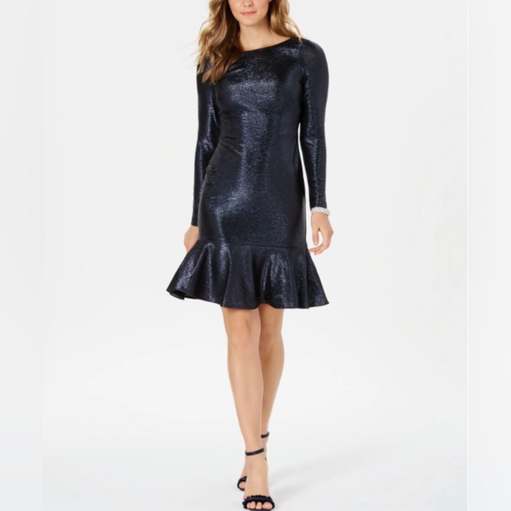 NWT NIGHTWAY Navy Long Sleeve Jewel Neck Knee Length Evening Sheath Dress Sz:4